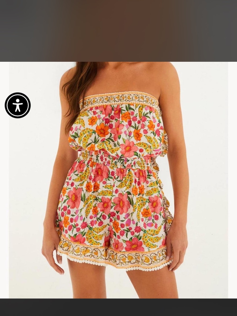 FARM Rio Strapless Floral Romper in Pink, Yellow and Green